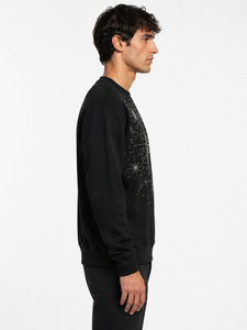 Sudadera de cuello redondo con pedrería para hombre, ajuste regular, tejido de punto, color negro liso, informal, para invierno, con bolsillo, ecológica, de secado rápido - Product Image 2
