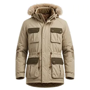 <b>Men's</b> Beige Hooded Puffer <b>Jacket</b> Waterproof Thick Polyester Autumn <b>Long</b> Coat Regular Fit Zipper Closure Sporty Casual - Product Image 1