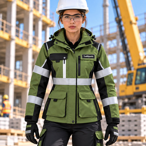 Chaqueta de Trabajo Reflectante de Alta Visibilidad para Mujer TwillSports, Verde y Negra, de Poliéster, con Capucha y Bolsillos - Product Image 2