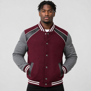 Veste universitaire pour homme de couleur marron avec manches grises et accents noirs, coupe classique, vêtement d'extérieur en laine décontracté, idéal pour l'automne - Product Image 1