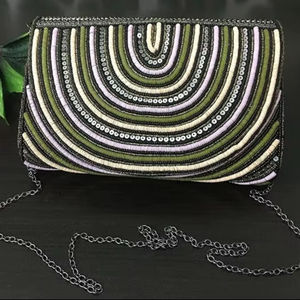 Handmade Beaded <b>Clutch</b> <b>Bag</b> Green <b>White</b> Purple Striped Embroidery Craft Cotton Chain Shoulder <b>Bag</b> - Product Image 1