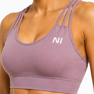 Women Seamless Sports Bra Crisscross Straps Scoop Neck Medium Support Breathable Fitness Workout Top Solid Color Front Logo - Product Image 5