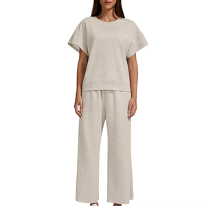 Conjunto Deportivo Casual para Mujer, Manga Corta, Cuello Redondo, Corte Holgado, Pantalones hasta el Tobillo, Color Sólido, Cintura Elástica, 100% Algodón, Ropa de Primavera - Product Image 1
