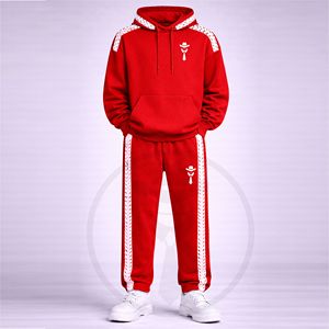 ชุดวอร์มสีแดงสำหรับผู้ชาย เสื้อฮู้ดและกางเกงจ็อกเกอร์ ชุดกีฬาใส่สบายสำหรับออกกำลังกายและฝึกซ้อม และชุดลำลอง 100% ผ้าฝ้าย - Product Image 1