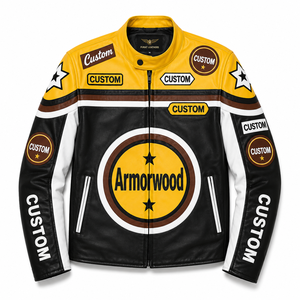 Bespoke Custom Top Grain Leather <b>Jacket</b> Stand Breathable Racing Uniform Large Circular <b>Star</b> Applique Graphic Multi Contour - Product Image 1