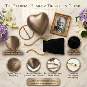Mini Heart Shaped Keepsake Urn <b>for</b> Human and Pet <b>Ashes</b> | Bronze Finish Metal Memorial Urn <b>Box</b> with Display Stand and Pouch - Product Image 4