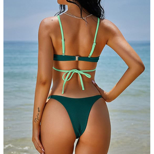 Traje de Baño Bikini Acanalado con Recortes para Mujer, Sexy, Verde Oscuro con Ribete Neón, Dos Piezas, Acolchado, Moderno, para Playa - Product Image 2