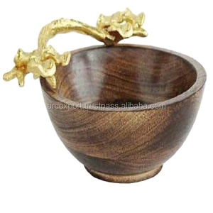 Tazón de mesa único para servir comida para niños, diseño de hoja de flor dorada pulida Natural de madera, utensilios de mesa desechables con mango de aluminio - Product Image 1