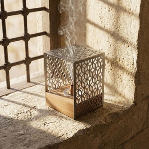 <b>Laser</b>-Cut Metal <b>Cube</b> Incense Burner - Geometric Patterned Screen With Wooden Base. Modern Arabic Decor For Home & Ramadan - Product Image 4