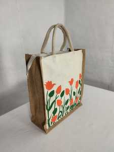 กระเป๋าช้อปปิ้งผ้าใบและผ้าปอกระเจาแบบรักษ์โลก พิมพ์ลายบนแผงด้านหน้า แผงด้านข้างผ้าปอกระเจาพับได้ ปิดด้านบนด้วยซิป เหมาะสำหรับใส่ของชำ - Product Image 3