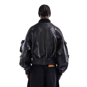Chaqueta Bomber de Cuero PU Negra para Hombre, Cierre de Cremallera, Cuello Camisero, Manga Regular, Estilo Moto, Ropa de Otoño - Product Image 4