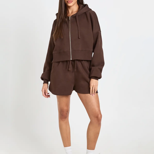 Workout Blank <b>Red</b> Color Fleece Cotton Zipper Up Hooded Short Set Heavyweight Sexy Gym Womens Joggers <b>Crop</b> <b>Top</b> Hooded Shorts Sets - Product Image 2