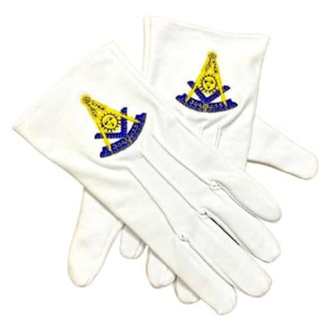 Gants maçonniques blancs en coton durables et imperméables, longueur poignet, avec symbole imprimé par transfert thermique, détectables par un détecteur de métaux, pour rituels formels - Product Image 1