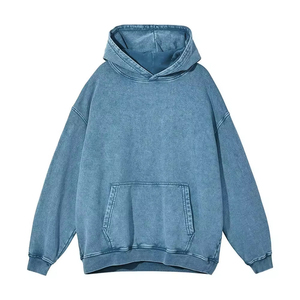 Sweat-shirt à capuche oversize pour femme, bleu uni, effet délavé, avec poche kangourou, manches longues, en coton, logo personnalisé - Product Image 1