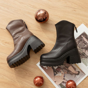 Bottines à plateforme en cuir véritable pour femmes Ann'S, talon épais de 9 cm, fermeture éclair, antidérapantes, hiver, vente en gros - Product Image 2