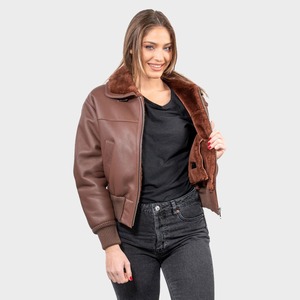 Veste bomber en cuir véritable avec col en peau de mouton, style aviateur - Product Image 4