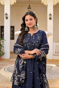 Blue Embroidered Pure Cotton <b>Women</b> Salwar Kameez Mirror Work Set 3/4th Sleeve <b>Kurti</b> & Pant with Dupatta <b>for</b> Party Wedding - Product Image 4