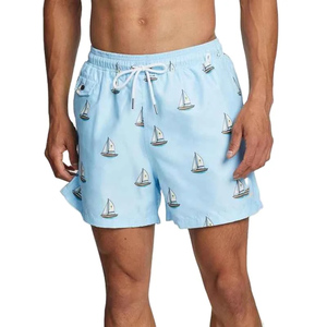 Men's Light Blue Sailboat Print Board Shorts Quick Dry Drawstring Waist Pockets Casual Swimwear - Product Image 3