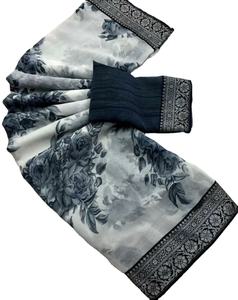 Tendencia India Bellamente diseñado Fancy Floral Printed Lace Border Work 5,5 MTR Long Length Saree para fiesta y boda - Product Image 1