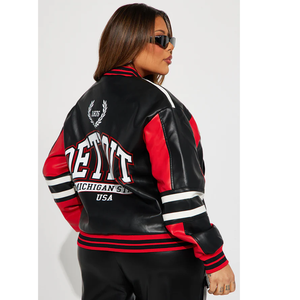 Chaqueta Bomber Negra y Roja de PU con Bloques de Color, Cuello Camisero, Cierre de Cremallera, Estilo Deportivo, Corte Regular, Unisex, para Otoño - Product Image 3