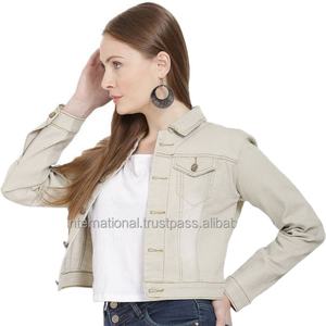 แจ็คเก็ตยีนส์ผู้หญิงยอดนิยม ดีไซน์แบบครอปทรัคเกอร์ ปรับแต่งได้ มีความยาวแบบสั้นและยาว ขายส่งแบบกำหนดเอง PK สีใหม่ - Product Image 3