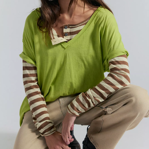 2026 Women's <b>Lime</b> <b>Green</b> V-Neck Short Sleeve T-<b>Shirt</b> Inside Out Loose Fit 100% Cotton Solid Color Regular Length Adult Style Tee - Product Image 4
