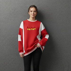 Sweat-shirt décontracté pour femme, rouge et blanc, à motif uni, col rond, doublure en polaire, manches longues, coupe régulière, pour l'automne - Product Image 1