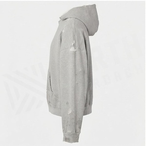 เสื้อฮู้ดโอเวอร์ไซส์สีเทา ผ้าฝ้ายเฟรนช์เทอร์รี่ ยูนิเซ็กส์ มีกระเป๋าหน้า ผิวสัมผัสแบบวอช ดีไซน์ป้องกันขนร่วง สไตล์ฤดูใบไม้ร่วง - Product Image 3