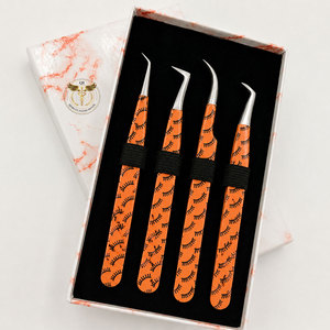 Professional Eyelash Extension Tweezers Set with <b>Orange</b> Lash Print <b>Paper</b> Stainless Steel Precision Volume & Isolation Tweezers - Product Image 1