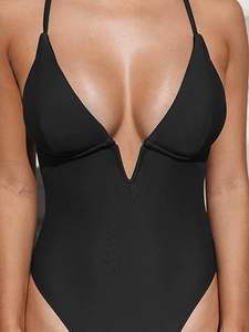 Traje de baño con control de abdomen, diseño de corte alto y cuello en V, traje de baño de playa con estampado liso para mujer - Product Image 2