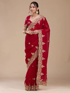 Indian Ethnic Beautiful and Elegant Saree with Embroidery Work for Partywear and <b>Wedding</b> Occasion for Women Fancy Trendy Outfit - Product Image 1