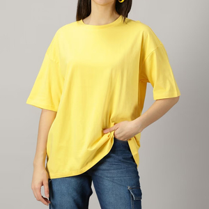 Camiseta Larga de Verano para Mujer, Holgada, Estilo Urbano, Casual, de Color Sólido, Antiarrugas, 100% Algodón, Transpirable - Product Image 1