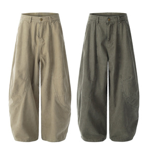 High Waist Loose Fit <b>Harem</b> Pants 100% Cotton Canvas Knee Length Solid Color Casual Style With Pockets Button Fly - Product Image 1