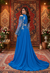 Robe caftan marocaine longue en velours prune Mishkat Couture à col en V et manches longues, broderie artisanale, respirante, élégante, ourlet évasé, style musulman - Product Image 6
