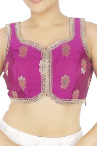 <b>Purple</b> Floral Embroidered Banarasi Silk Blouse Untucked Sleeveless V Neck Back <b>Tie</b> Crop Top for Lehenga - Product Image 2