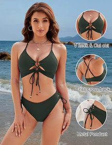 Conjunto de bikini verde oscuro para mujer, top cruzado con cuello halter, parte inferior con aberturas y lazos laterales, traje de baño de dos piezas - Product Image 4