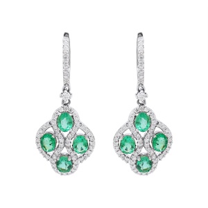 Pendientes Colgantes de Oro Amarillo Sólido de 18K con Esmeralda Natural y Diamantes en Halo, Joyas Memoria, Venta al por Mayor - Product Image 3