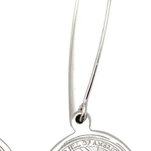 Silver Tone Round Medallion Drop <b>Earrings</b> with Long Wire <b>Hooks</b> Engraved Family Emblem Lightweight Dangle Jewelry for Women - Product Image 3