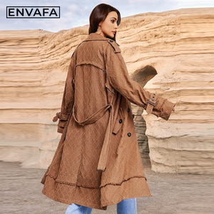 ENVAFA <b>Women</b> Long Trench <b>Coat</b> Woven Breathable <b>Double</b> <b>Breasted</b> Turn-down Collar Casual Autumn Outerwear Solid Color Full Sleeve - Product Image 2
