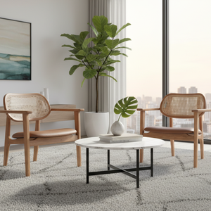 Sillón Contemporáneo de Madera de Teca Sólida Lotus con Ratán Natural, Altura Ajustable, Tapizado en Cuero, Acabado Natural para Salas de Estar y Hoteles - Product Image 1