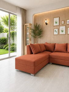 Sofá Seccional Moderno en Forma de L Color Naranja Union con Patas Metálicas y Respaldo Acolchado para Sala de Estar, Villa, Sofá de Gran Tamaño, Fabricante - Product Image 3
