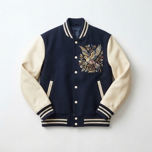 Loose Fit Men's Vintage Washed Wool Viscose Eco-Friendly Windproof Stand Collar <b>Patchwork</b> Design Winter Varsity <b>Jacket</b> - Product Image 1