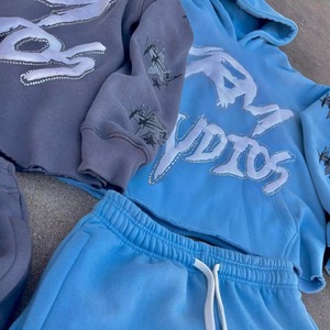 High Quality Custom Puff Printing Vintage Acid Washed Oversize Hoodie Flare Sweatpants Men Streetwear <b>Tracksuit</b> - Product Image 6