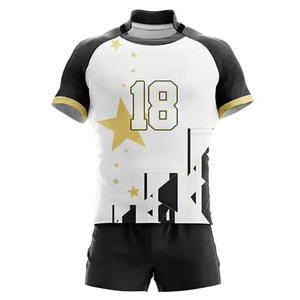 Conjunto de Camiseta de Rugby Sublimada Personalizada, Manga Corta, Cuello Redondo, Ropa Deportiva para Hombre, Estampado Geométrico en Negro, Blanco y Dorado, para Todas las Temporadas - Product Image 1