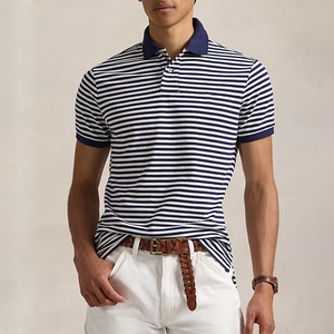 Polo classique à manches courtes 100 % coton rayé, en tissu tricoté respirant, brodé, couleur unie, haute qualité ODM - Product Image 1