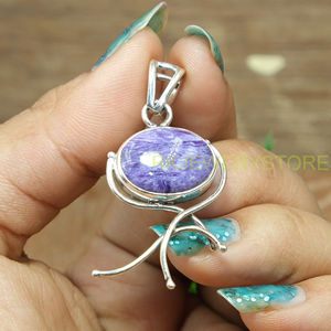 Pendentif ovale en Charoïte violette naturelle, en argent sterling 925, fait main avec fil enroulé, bijou en pierre précieuse, cristal de guérison, pièce maîtresse - Product Image 4