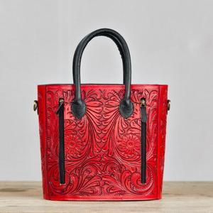 Vintage Red Genuine Leather <b>Shoulder</b> Bag With Floral Embossing Two Handles Crossbody <b>Strap</b> All Seasons Daily Use - Product Image 3