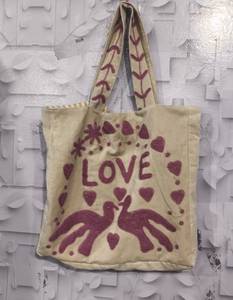 Wholesale Custom Handmade Off White Canvas Tote <b>Bag</b> Featuring Magenta LOVE Lettering Doves Hearts and Floral Applique Embroidery - Product Image 3