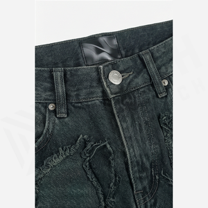 Jean en denim coupe droite délavé foncé pour homme, taille haute, coupe slim, déchiré, motif géométrique, style streetwear, en coton - Product Image 5