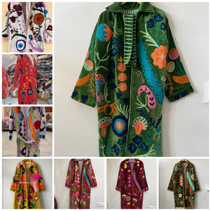 Manufacturer Wholesale Handmade Cotton Velvet V-neck <b>Long</b> <b>Sleeve</b> Floral Print Lace Pockets Natural Waist Maxi <b>Kimono</b> Robe - Product Image 6